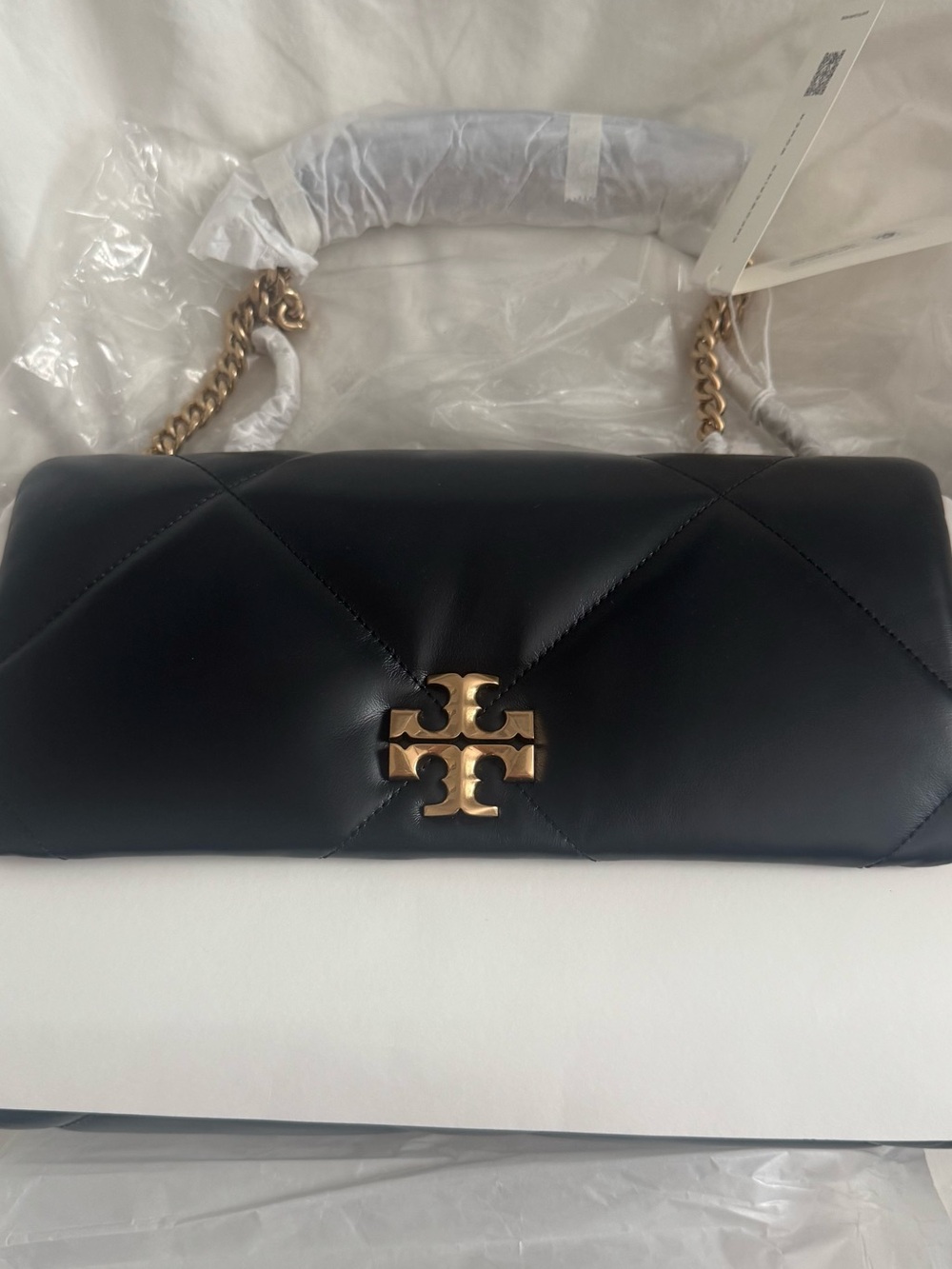 Tory Burch Black Quilted Leather Shoulder Bag with Gold Logo Chain